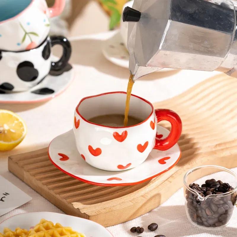 12 Styles Creative Cute Ceramic Mug Espresso Coffee Cup with Saucer Hand Pinched Irregular Flower Clouds Breakfast Milk Tea Cups
