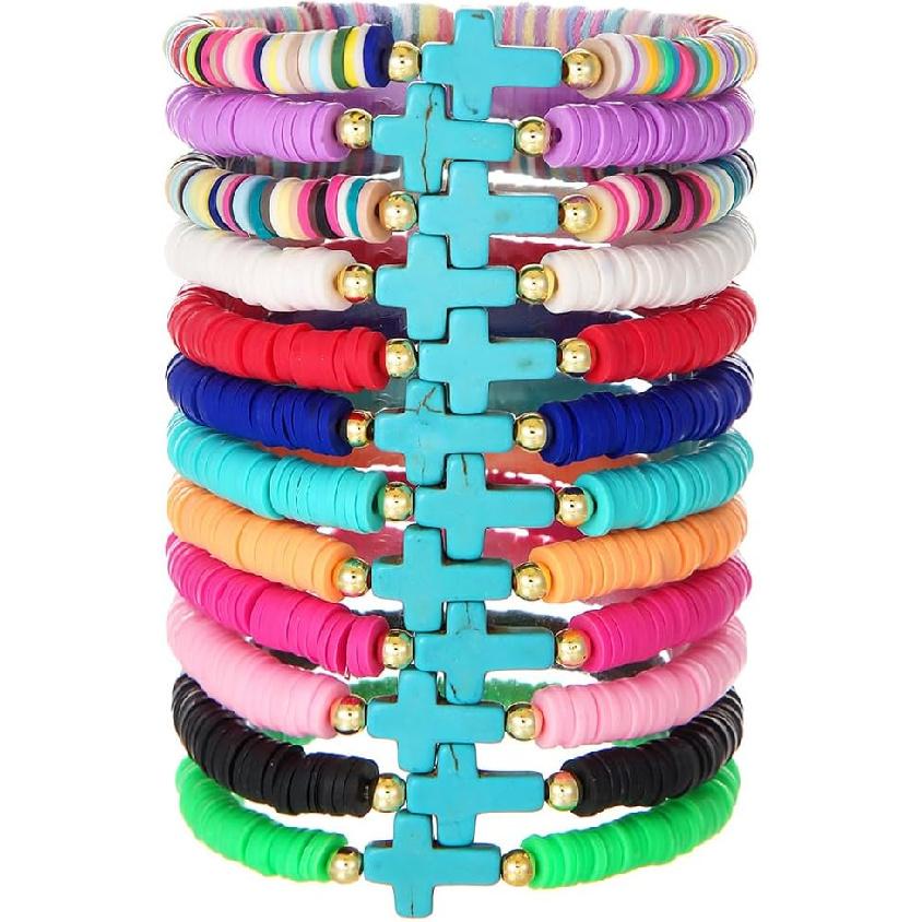 12pcs Friendship Bracelets Beaded Bracelets Heishi Bracelet Cute Bracelets Stack Vinyl Clay Disc Bead Surfer Stretch Summer Beach Bracelets For Women