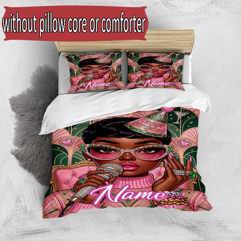3pcs Duvet Cover Set (1*Duvet Cover + 2*Pillowcase, Without Core), Custom Name Alpha Kappa Alpha Pattern Bedding Set, Home Bedroom Decor Gift