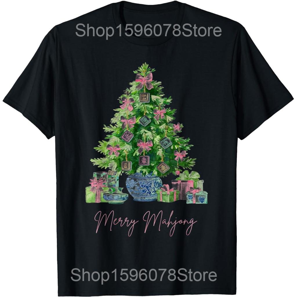Merry Mahjong Christmas Tree Funny Holiday Game Lover T Shirts Men Humor Streetwear Tee Shirt Short Sleeve Unisex Loose Clothing