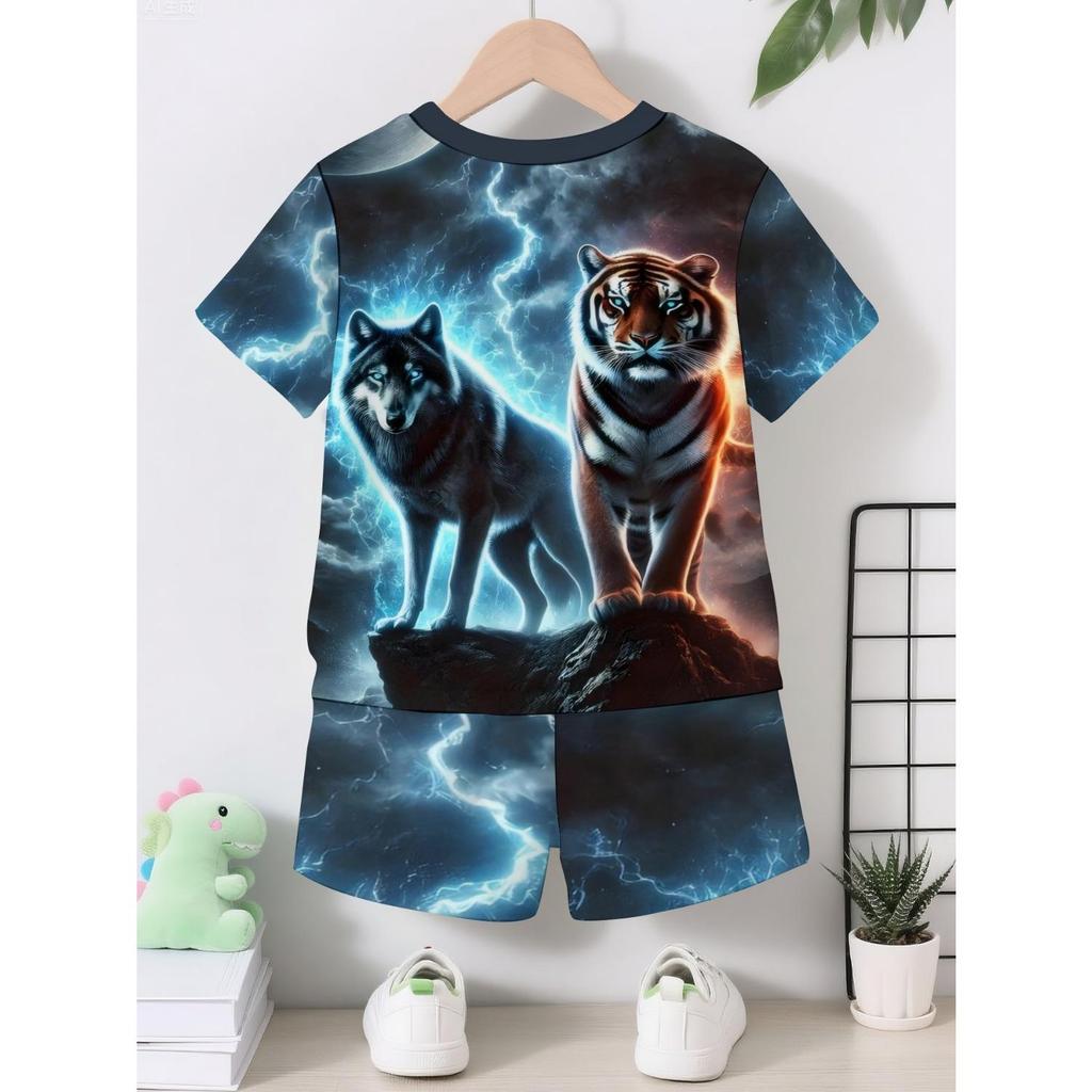 Lightning Tiger and Fierce Wolf 3D Printed Design | New Boys' Fashion Round Neck Short Sleeve Top+Casual Short Sleeve Shorts Set