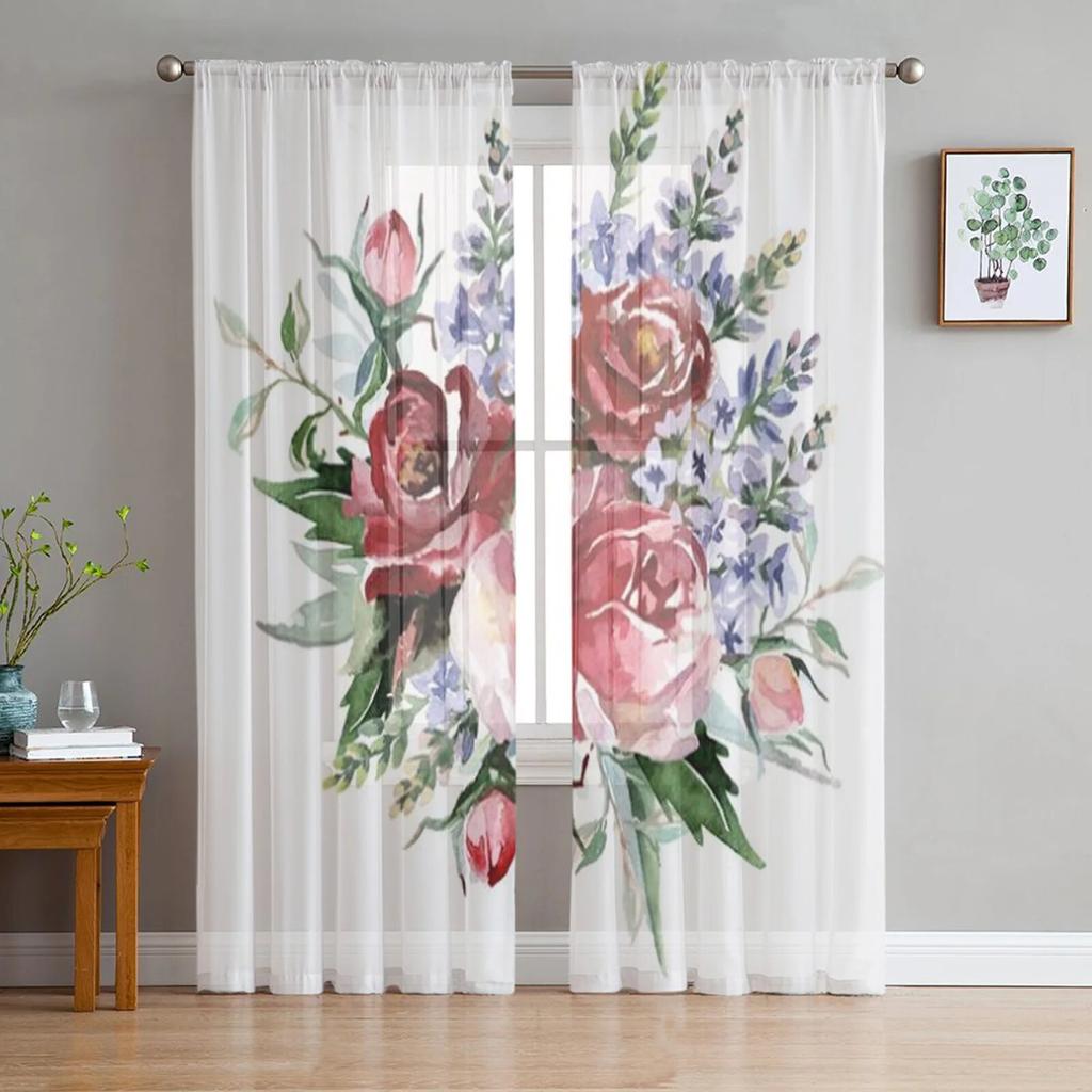 Flower Rose Sheer Curtains for Living Room Transparent Tulle Window Treatments Bedroom Kitchen Home Decor Veil Drapes