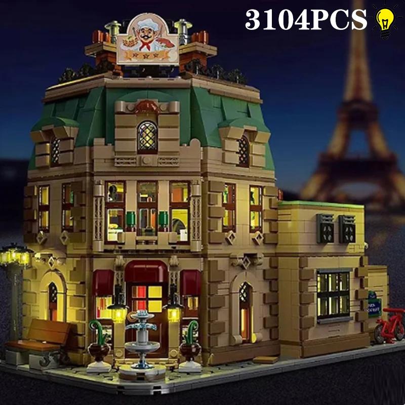 3104PCS Paris Restaurant Building Blocks Creative City Street View MOC Bricks Model Set With Lights Kids DIY Toys Holiday Gifts