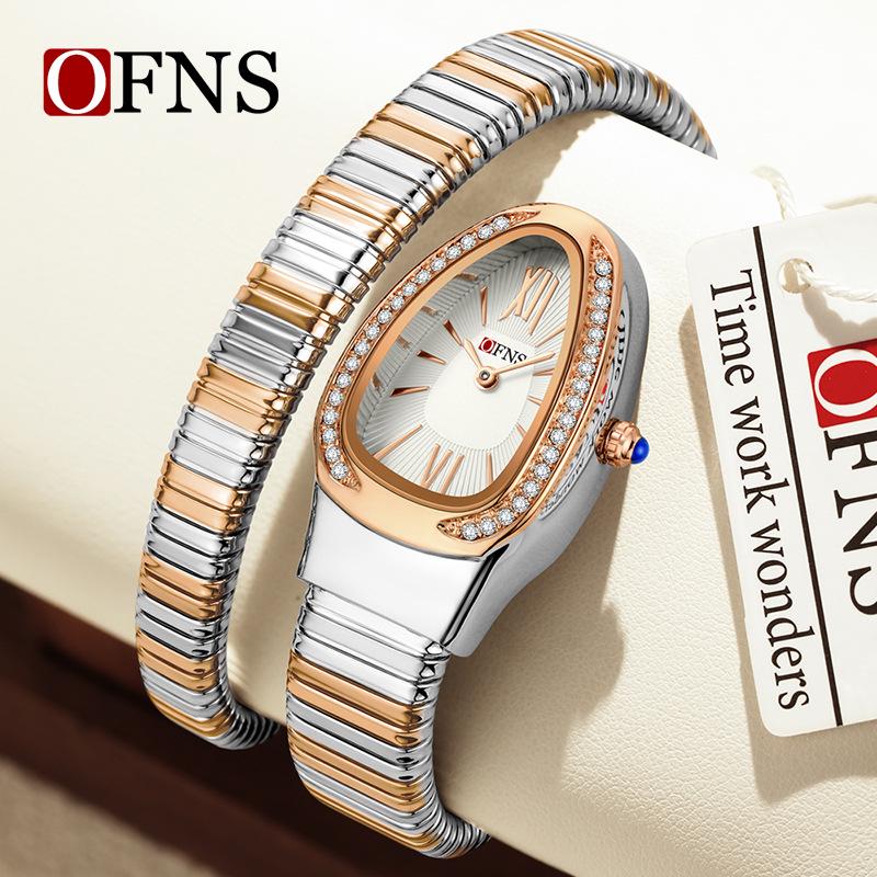 SANDA Women's Luxury Snake Head Bracelet Watch with Roman Mother-of-Pearl Dial, Diamond Accents, English Two-Hand, 30M Water Resistant.
