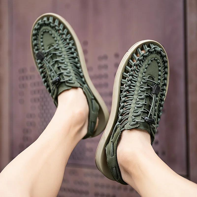 Fashion Men Sandals Genuine Leather Men Casual Shoes Weaving Design Beach Sandals Outdoor Couples Walking Shoes Water Shoes 2025