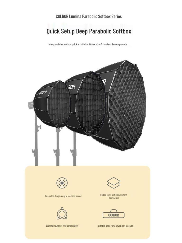 8-Light Parabolic Softbox with Quick Release, Double Layer Diffuser (45/65/90CM) - Bowens Mount for Photography