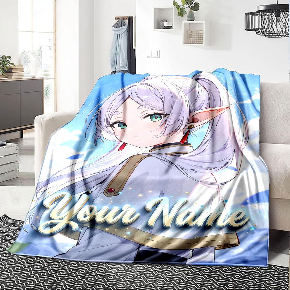 1pc Frieren Blanket with Custom Name, Gift, for Men and Women, Soft Blanket, Good for Sofa Bed Couch Travel, Lightweight Flannel Blanket