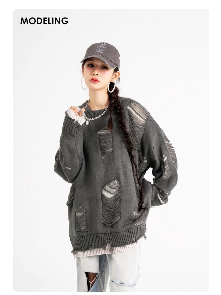 TIDE CARD LOG Nadměrný roztrhaný streetwearový svetr ve stylu dvoudílného kompletu pro muže a ženy