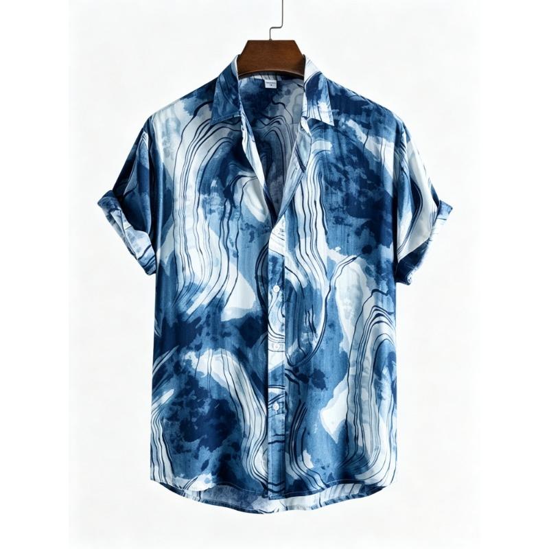 Men's Ink Marble Pattern Short Sleeve Shirt with Water Flow Texture Full Print Collar Button Beach Vacation Shirt