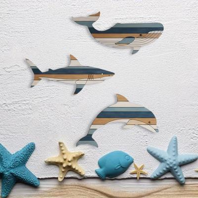 3 Pcs Wooden Fish Wall Decor Rustic Whale Shark Dolphin Beach Coastal Wall Art Nautical Wall Hanging Sculpture for Bathroom Lake House Decor