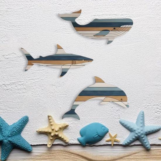 3 Stück Holzfisch Wanddeko Rustikaler Walhai Delfin Strand Küsten Wandkunst Nautische Wandbehang Skulptur für Badezimmer Seehaus Dekor