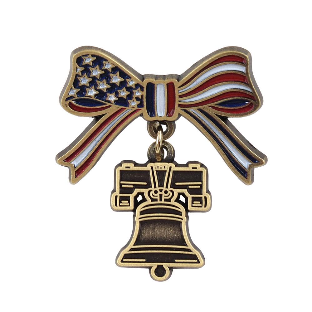 Patriotic Bow Tie & Liberty Bell Enamel Badge Brooch Pendant