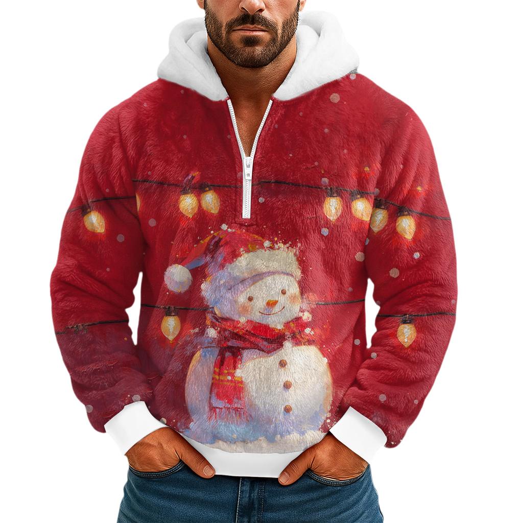 Pánská plyšová mikina s kapucí a polovičním zipem