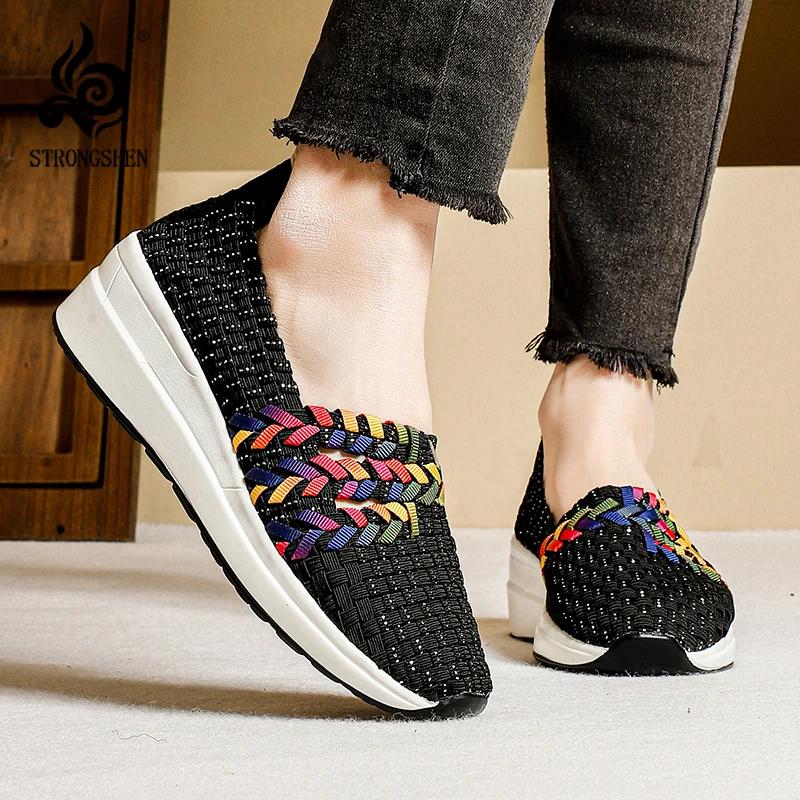 STRONGSHEN Spring Women Handmade Woven Shoes Wedge Sandals Platform Shoe Women Slip On Breathable Loafers Women Footwear