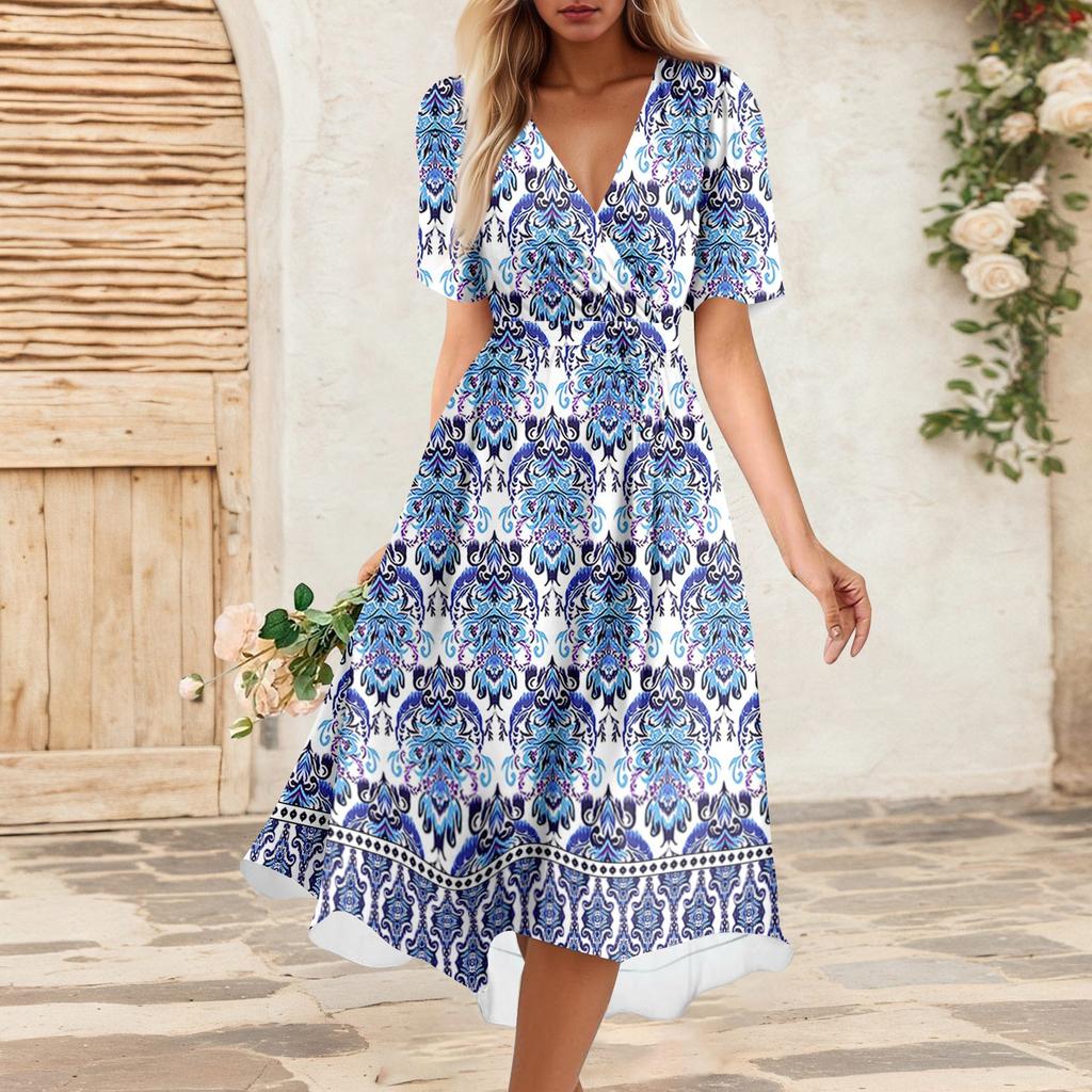 Women's Summer Loose V Neck Short Sleeve Dress, Elegant Dress