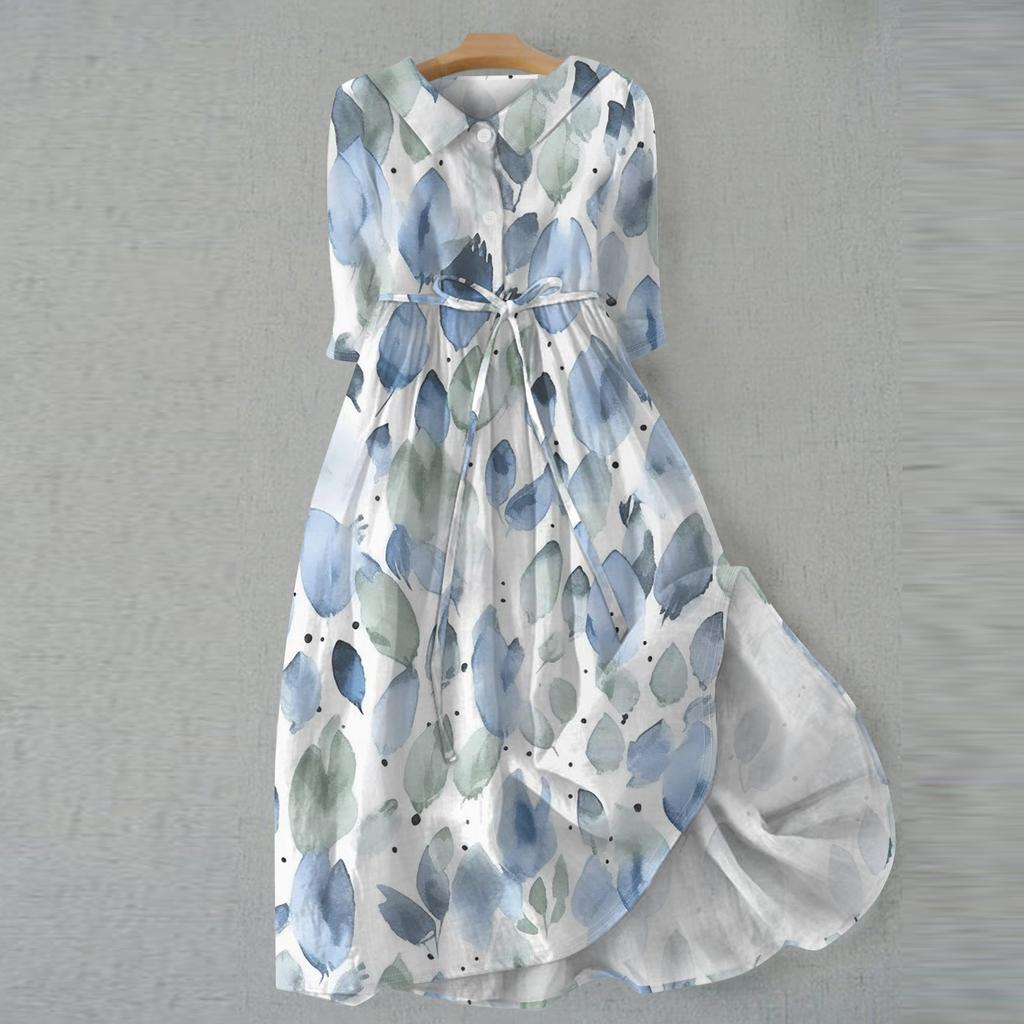 Women's Fashion Casual Printed Lapel Collar Button 3/4 Sleeve Clothing Straps Dress