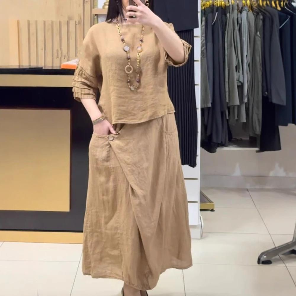 Women's Round Neck Solid Color Casual Cotton Linen 3/4 Sleeve Top and Pants Set