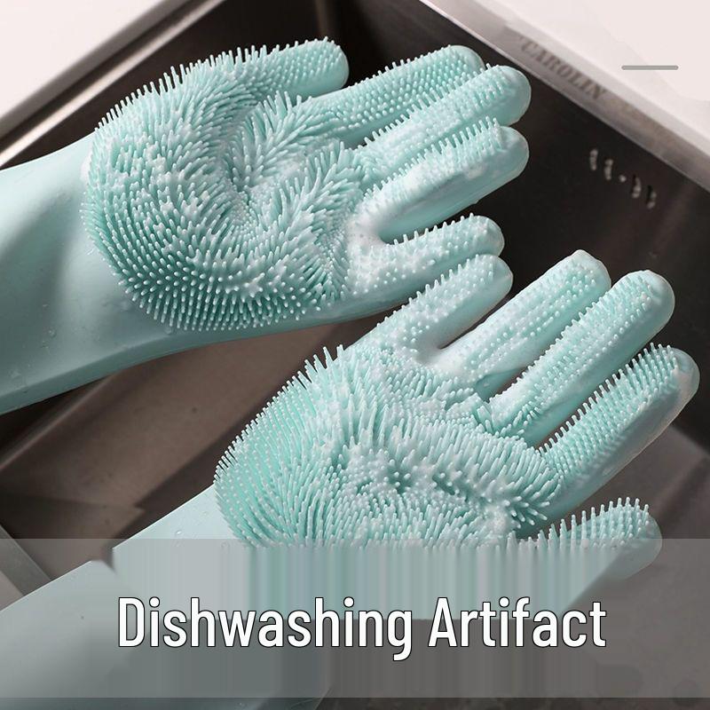 Durable Fleece-Lined Silicone Dishwashing Gloves - Non-Slip, Thickened for Household Scrubbing & Cleaning