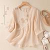 Women's 2023 Literary Embroidered Cotton Linen Blouse - Summer Loose Round Neck Pleated Pullover Top