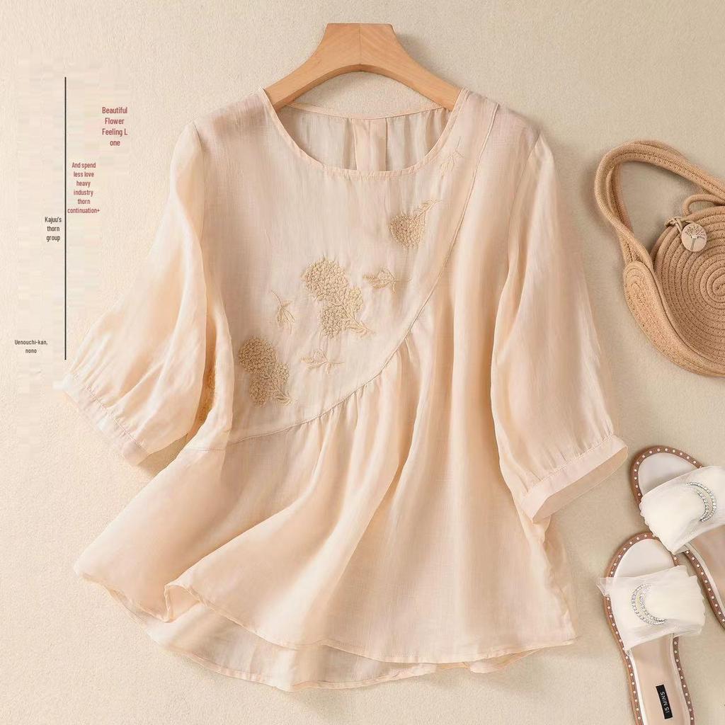 Women's 2023 Literary Embroidered Cotton Linen Blouse - Summer Loose Round Neck Pleated Pullover Top