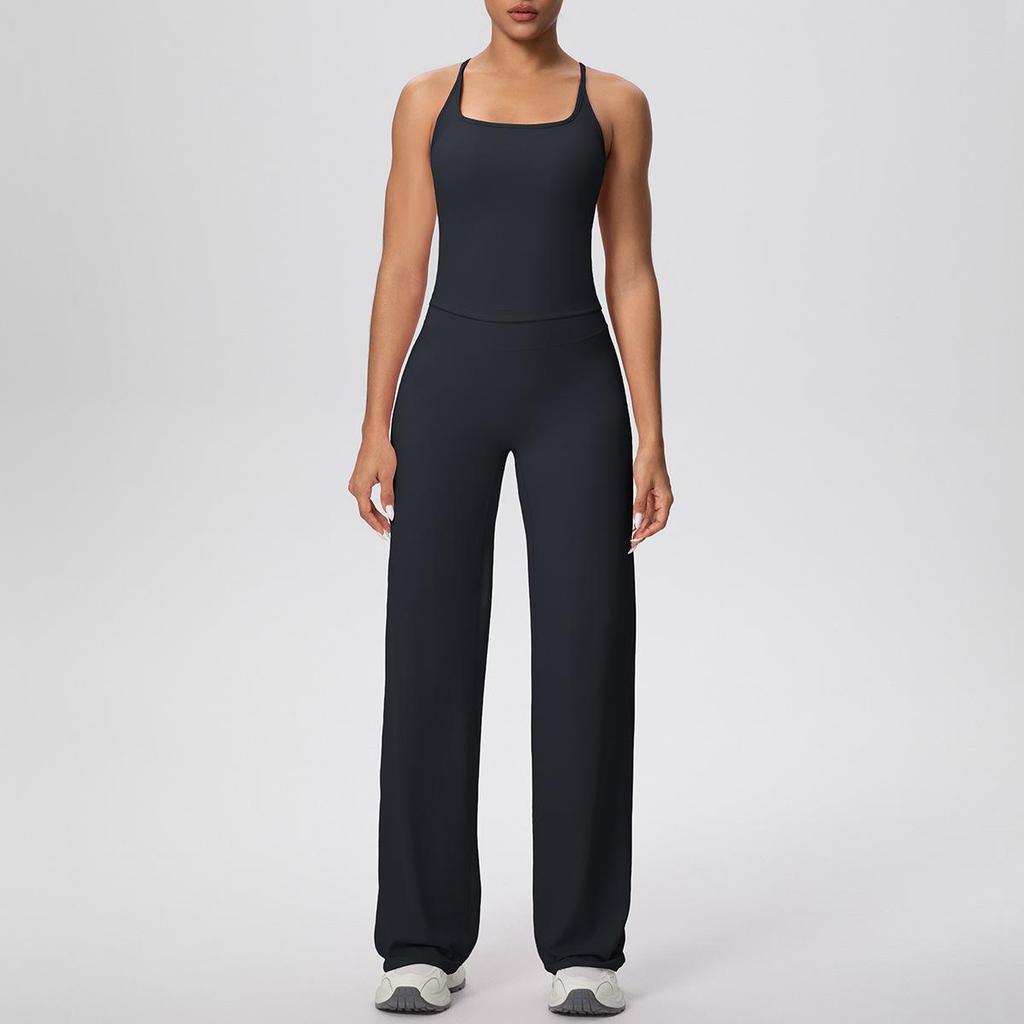 Solid Color Racerback Tank & High Waist Wide-Leg Yoga Pants Fitness Set