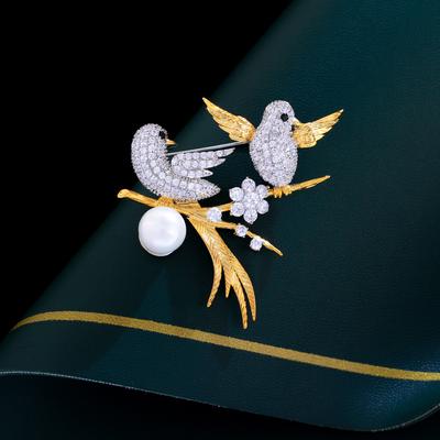Light Luxury Double Magpie Golden Silk Bird Gold Plated Celebrity Style Brooch Suit Dress Decorative Pin Brooch