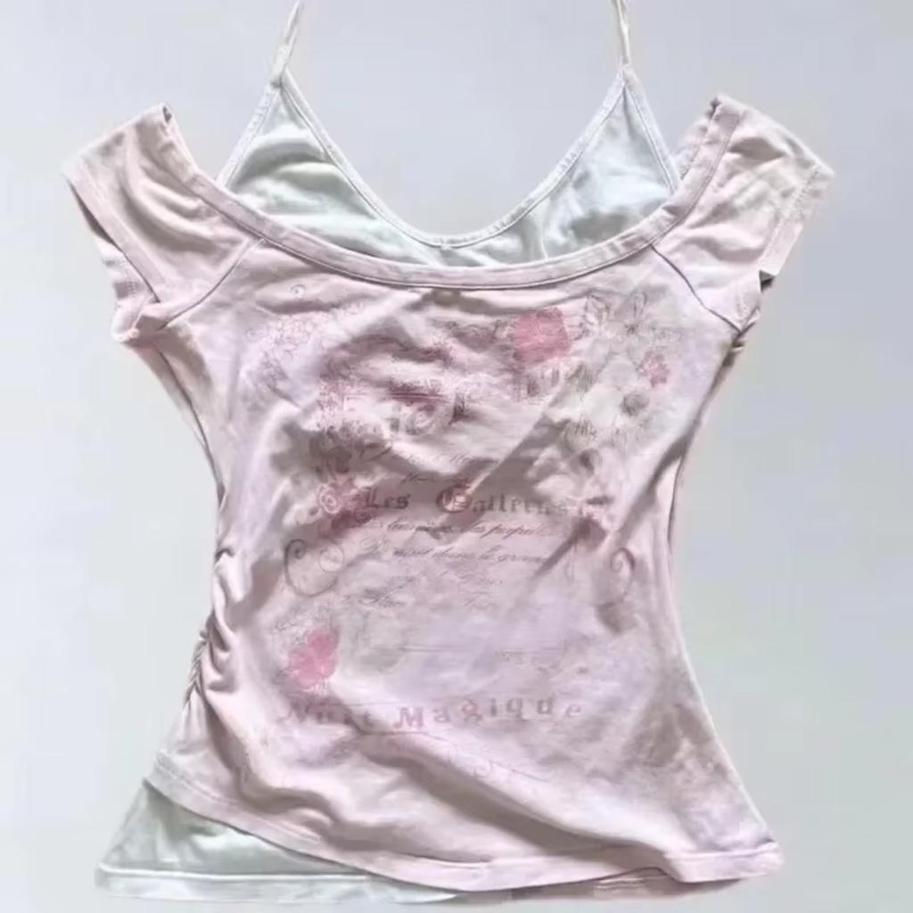 Camisetas de verano de dos piezas con cuello halter y vendaje estilo vintage, camisetas Y2k estéticas ajustadas, camisetas sexis informales con estampado grunge para mujer