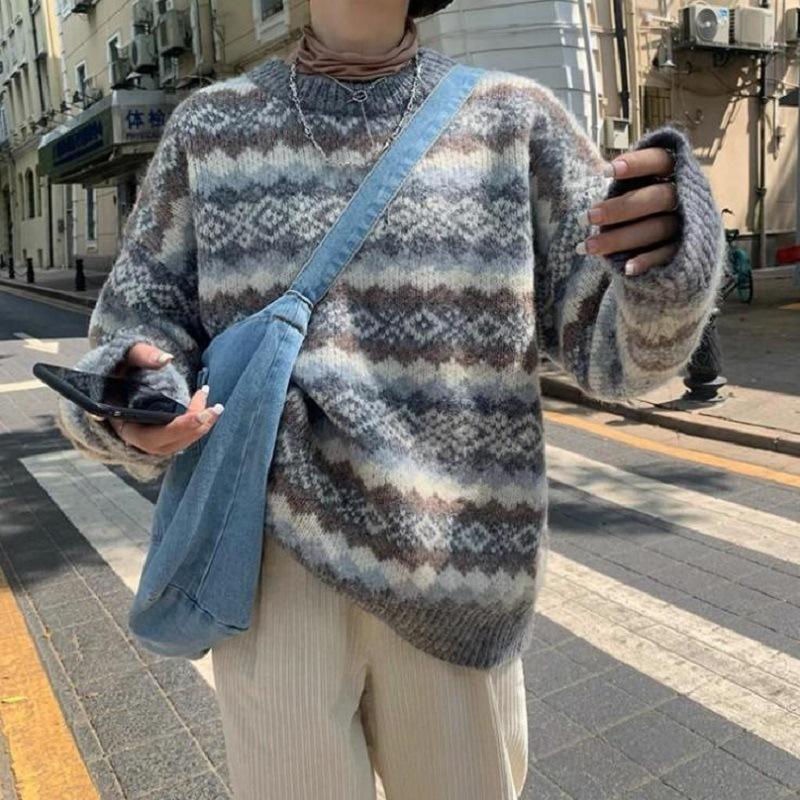 

Осень и зима ретро полосатый литературный и ленивый свитер школьница свободный и тонкий пуловер круглый вырез вязаный топ One Size