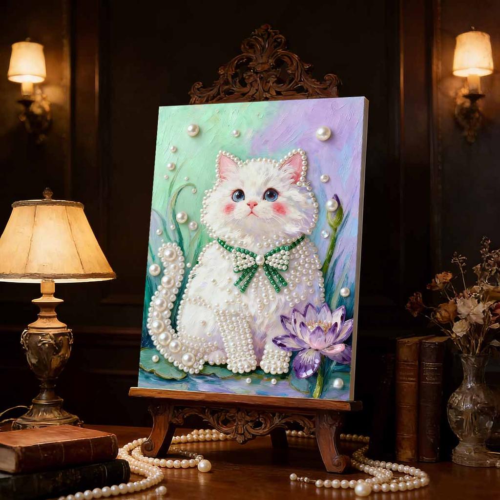 5D DIY Frameless Pearl Painting Little Fat Cat Pattern Painting Kit Suitable for Home Living Room Bedroom and Other Wall Decoration Art Paintings