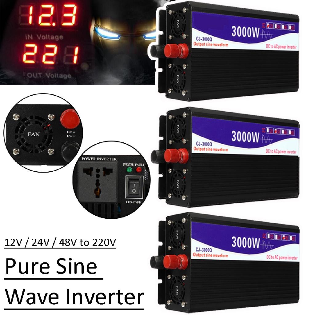 3000W Transformer Converter Pure Sine Wave Power Inverter+Double LCD Display Black