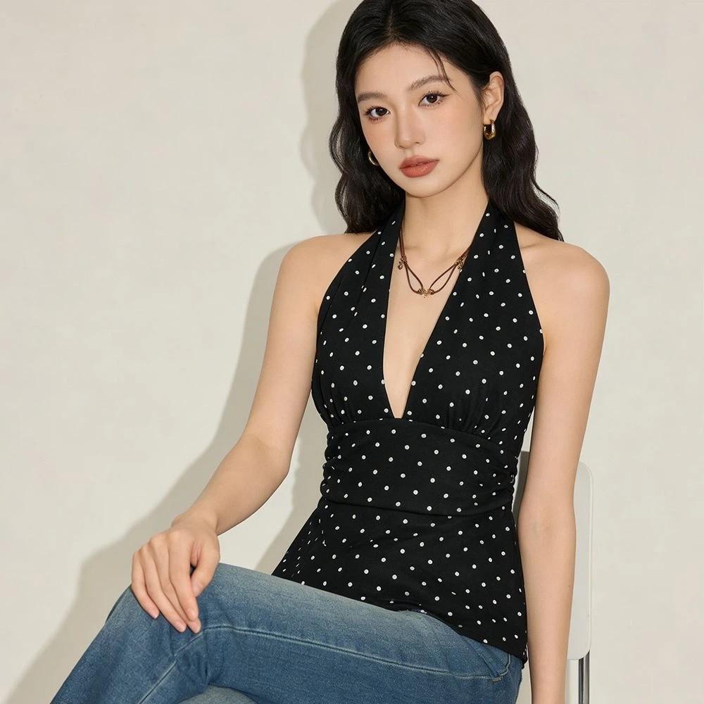 Deep V Neck Lace-up Dots Camisole Pleated Halter Ruffle Vest Ins Style Women Crop Top Girl