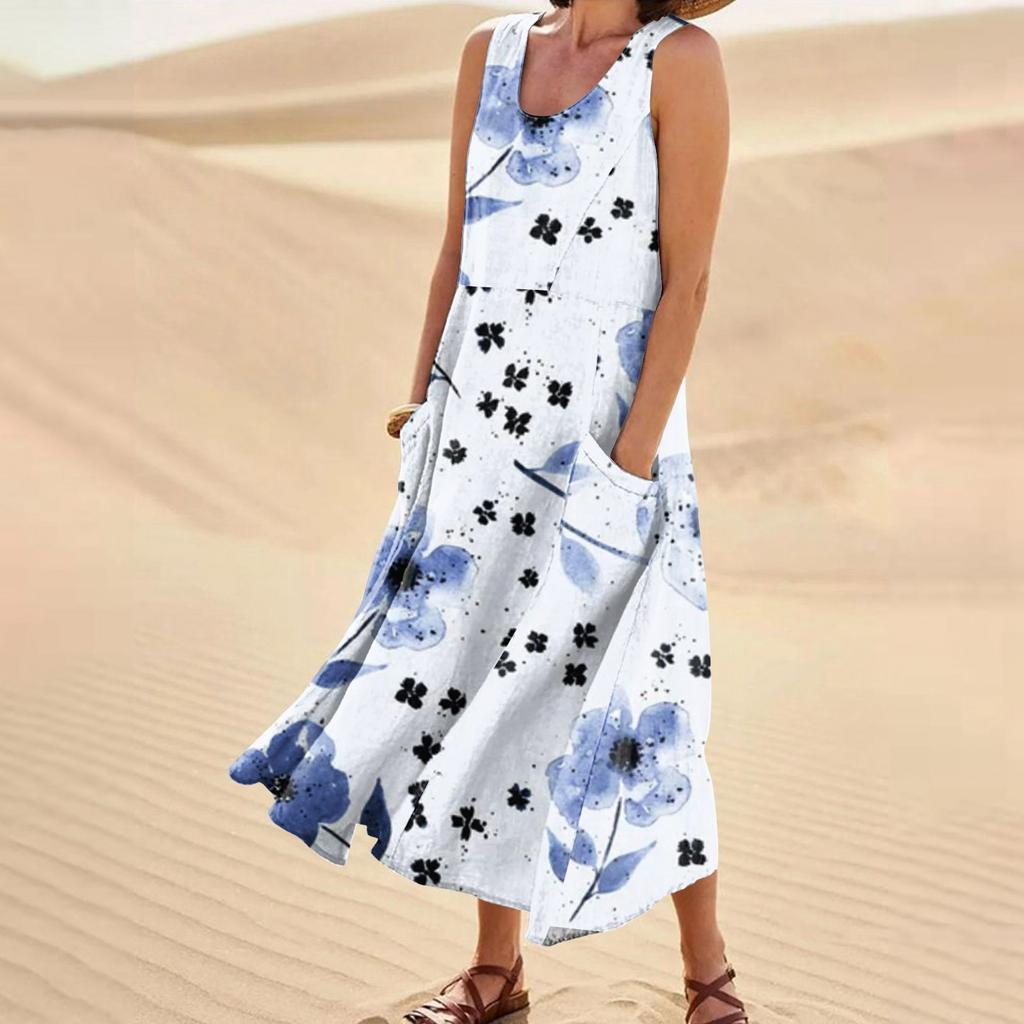 Damenmode, lässig, ärmellos, Baumwolle, Leinen, Blumenmuster, kleine Taschenkleider