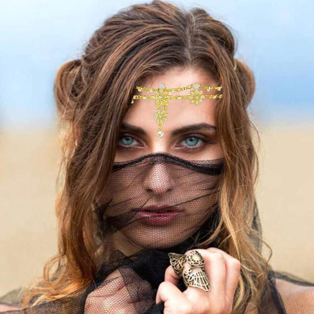 Theshai Gold Head Chain for Women Jewelry Headband Crystal Bohemian, Hair Accessories with Peal Women Head Chains Tassel Forehead Chain Festival Prom