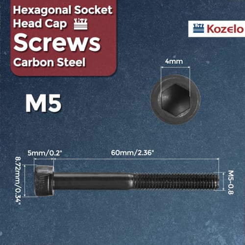 Kozelo 10pcs M5 x 60mm Alloy Steel Hex Socket Head Machine Screws, Partially Threaded, Cap Screws, Black Oxide, Grade 12.9, Internal Hex Socket Head S