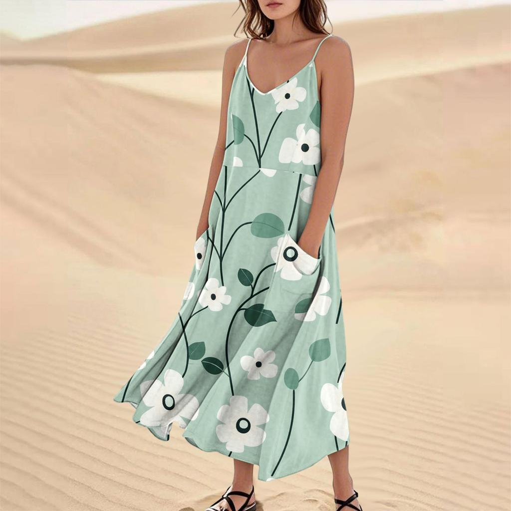 Women's Casual V Neck Floral Print Sleeveless Pocket Suspender Dress