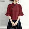 ZANZEA Women Casual Stand Collar Flare Half Sleeve Loose Blouse