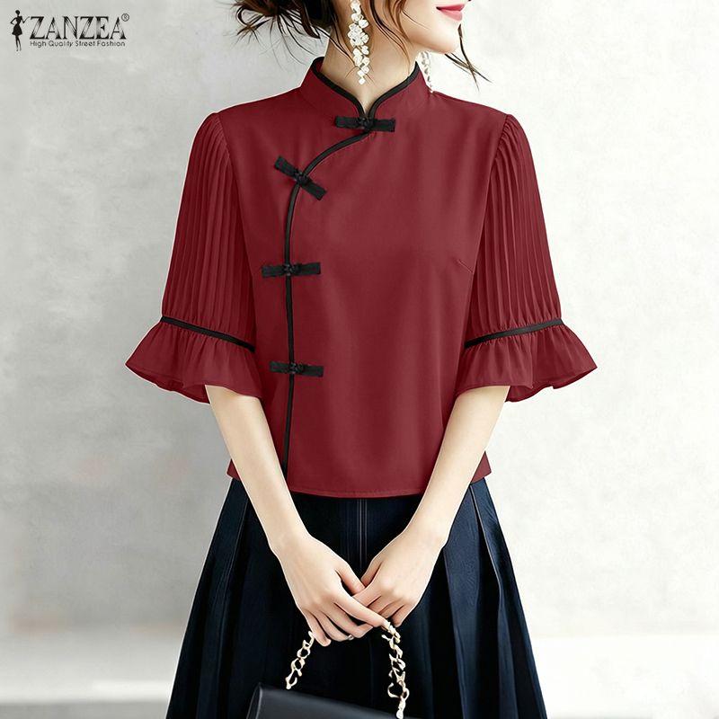 ZANZEA Women Casual Stand Collar Flare Half Sleeve Loose Blouse