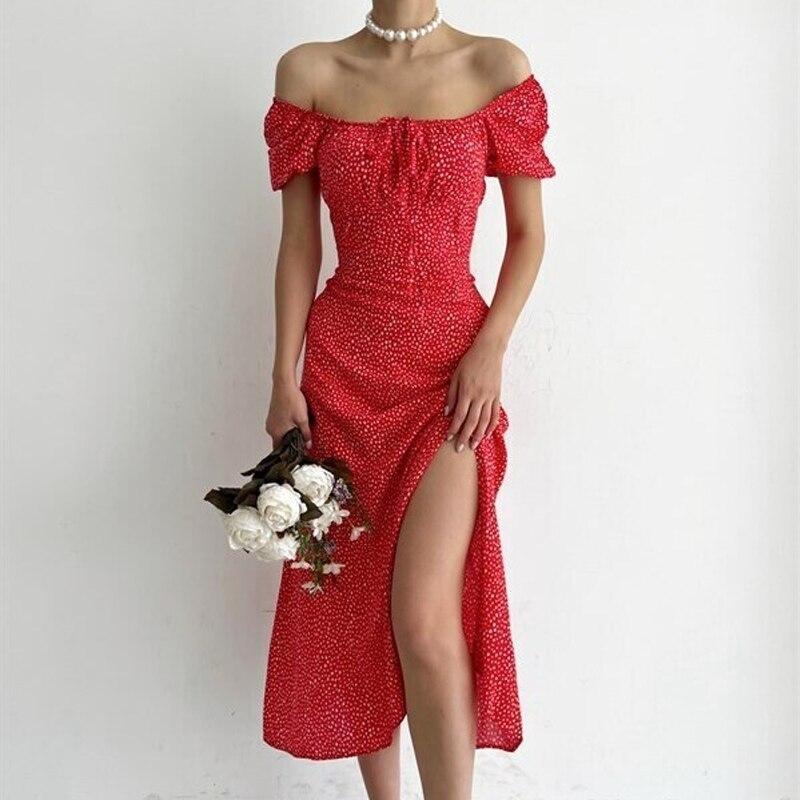 

Летнее платье с открытыми плечами и цифровым принтом, темпераментное платье с пышной талией и короткими рукавами, повседневное пляжное длинное платье на шнуровке 26213 XL красный