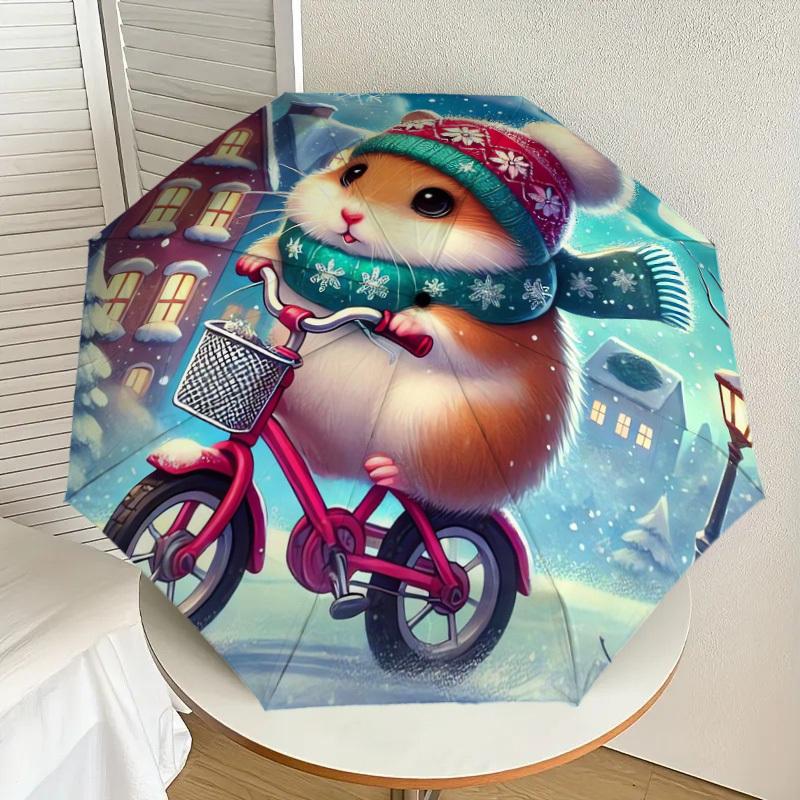 

1pc Winter Hamster Bicycle Ride Umbrella with Plastic Handle,Suitable for All Seasons Home Travel Outdoor UmbrellaDD515