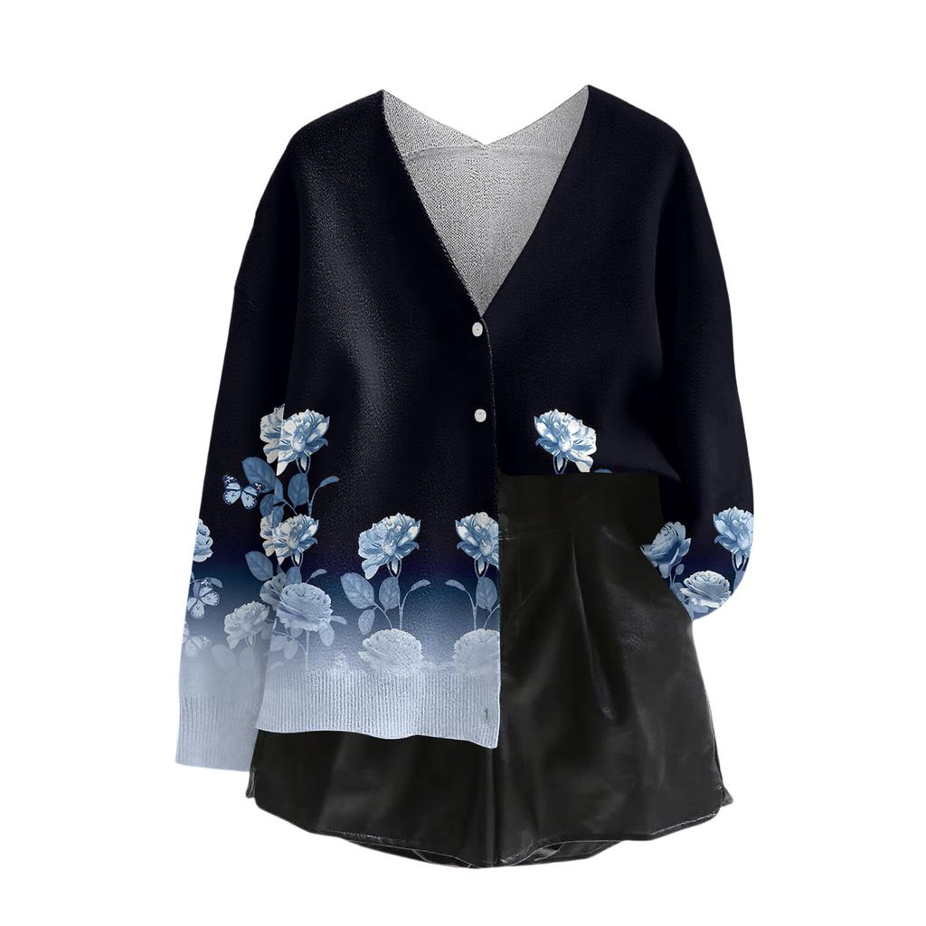 Women's V Neck Top Printing Thickened Plush Cashmere Warm Long Top
