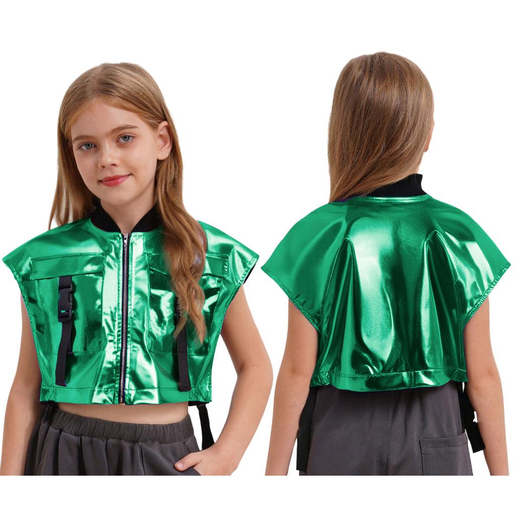 Chaleco de Jazz para Escenario para Niñas: Chaqueta Metálica con Aberturas Laterales, Bolsillos con Cremallera y Hebilla, Top de Rendimiento sin Mangas