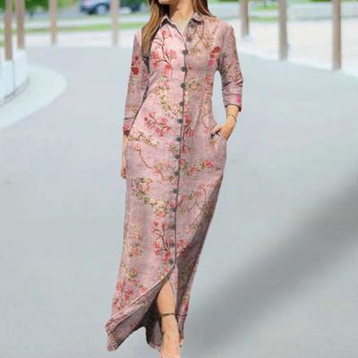 Robe Maxi à revers, manches longues, poches, imprimé floral classique, boutonnage simple, Automne Hiver
