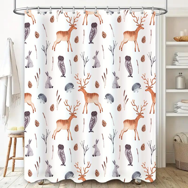 Animal-themed Waterproof Shower Curtain Decor Featuring Deer and Owls In Pastel Colors for Bathroom Use Available On