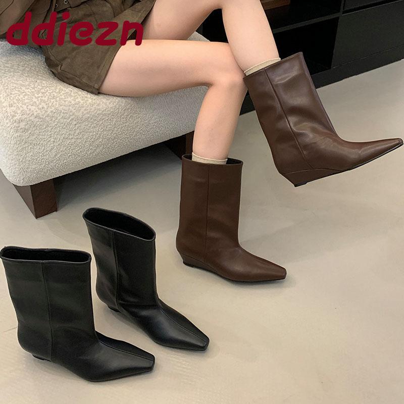 Móda Módní Dámské Kotníkové Boty s Klínkem Špičaté Boty Dámská Nazouvací Obuv Nízký Podpatek Dámské Krátké Westernové Kotníkové Boty Nové