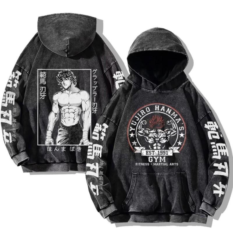 Baki Hanma Anime Print Hooded Men Women Vintage Trendy Hoodies Plus Size Washed Cotton Sweatshirt Harajuku Unisex Streetwear