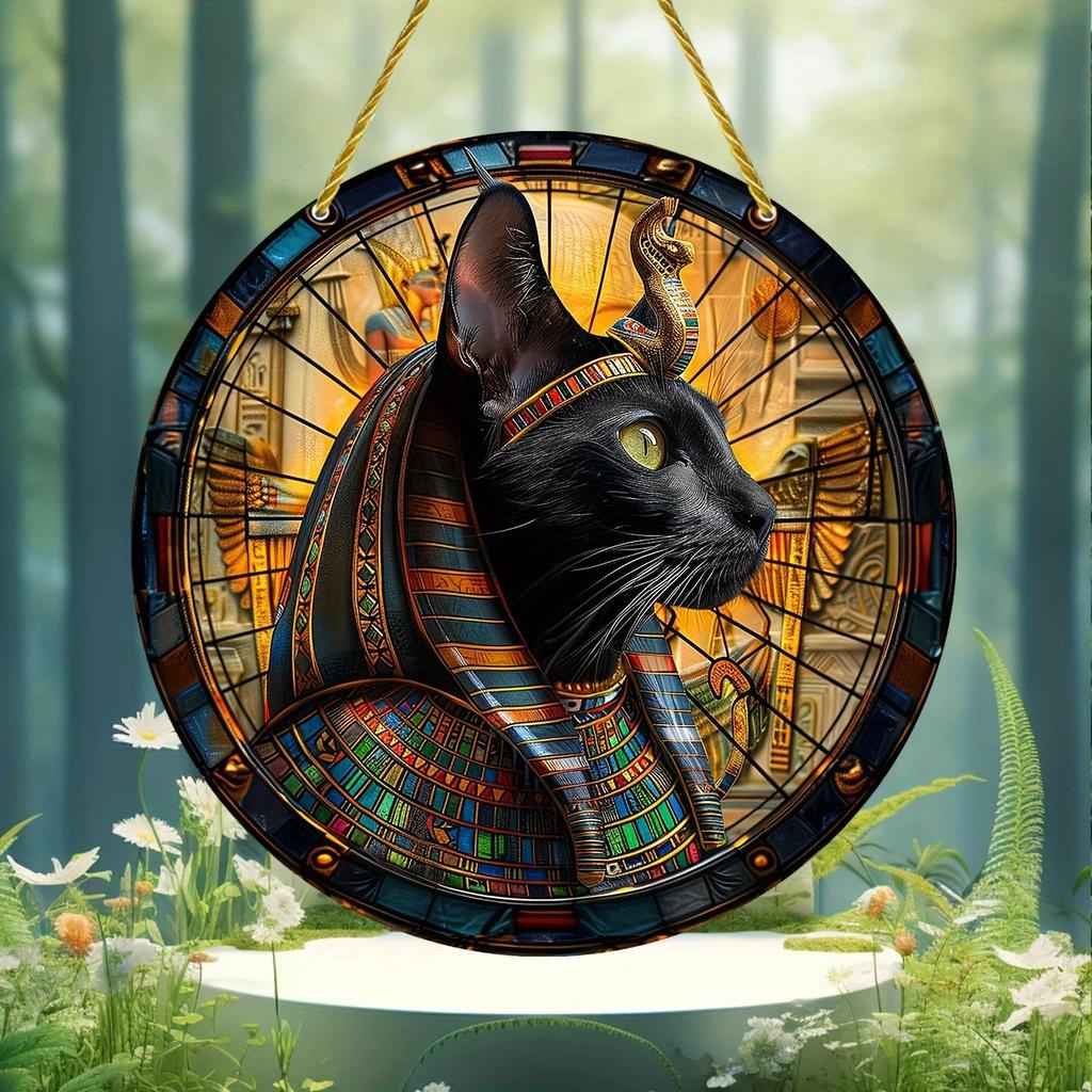 Cattura Sole Gatto Nero Egiziano in Legno, Segno Decorativo Rotondo in Legno, Stanza, Decorazione Casa, Targhetta Multiuso a Tema Animale per Porta, Parete, Casa, Stanza