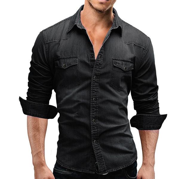 Pánská nouzová džínová košile Casual Washed Slim Fit Cowboy Shirt