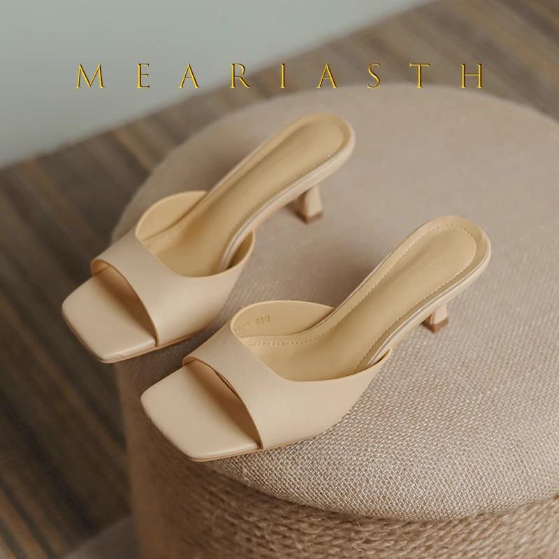 Women's High Heel Slippers Luxury Cowhide Leather Slippers Square Head Mules Slippers Summer Open Toe High Heel Slipper