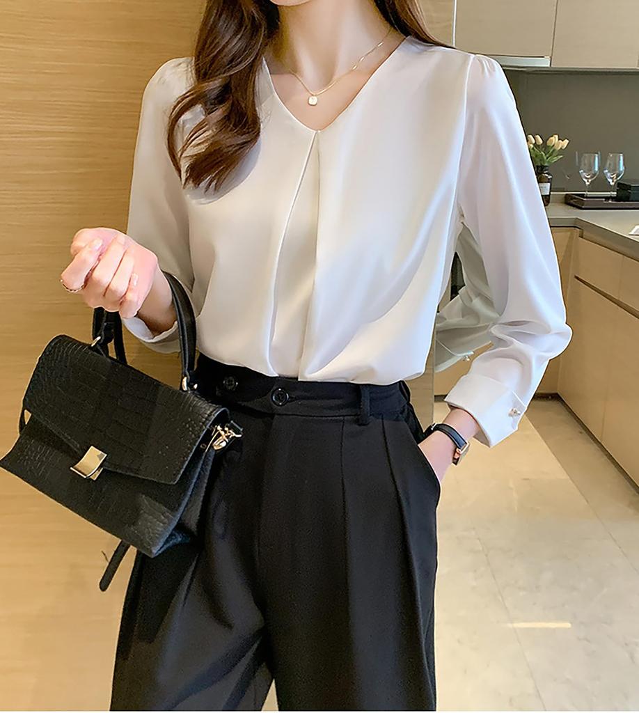 Lalapala Long Sleeve Shirt Elegant Loose Plus Solid Perfect for Everyday Entrance and Winter Women's V-Neck Blouse, Top, Fit, Sizes, Color, Stylish,