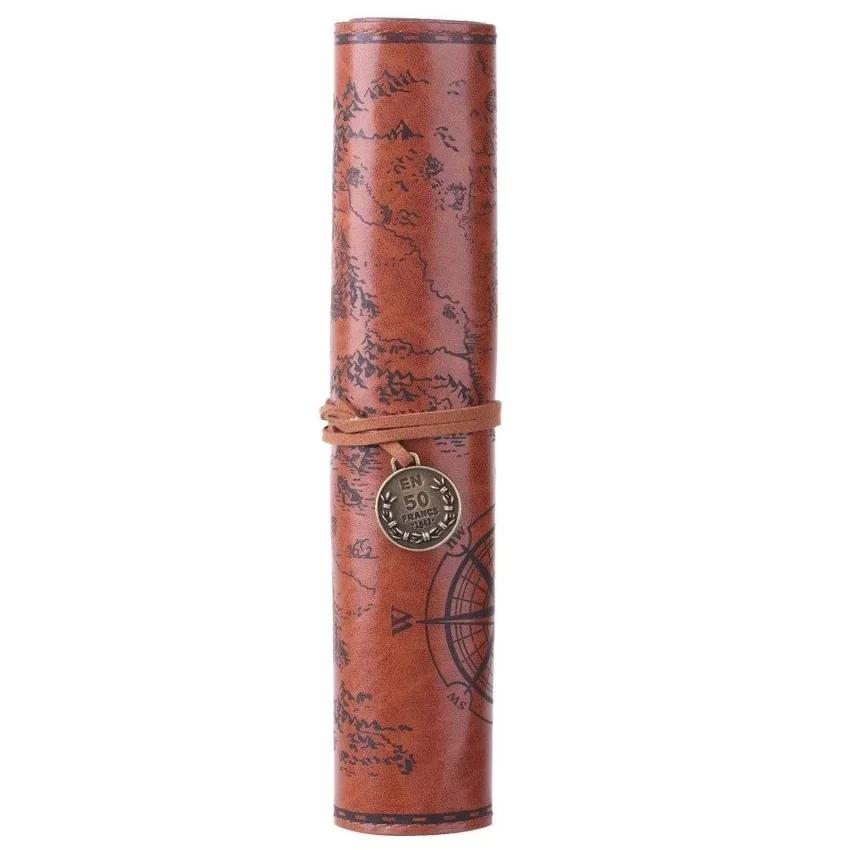 

Retro Treasure Map Leather PU Roll Pencil Cosmetic Bag For Student Gifts Stationery Makeup Brush Storage Roll Pen Cosmetic Bag темно-коричневого